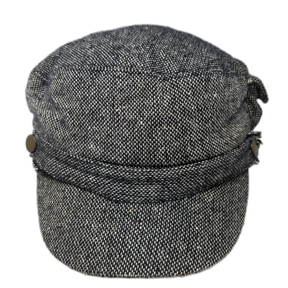 D&Y Army Cap Gray One Size Tweed Side Buttons Elastic Back Cadet Fashion Hat